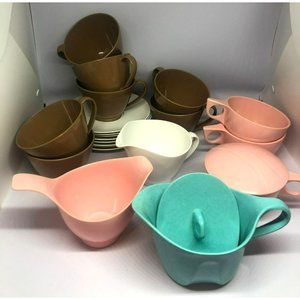 Melamine Cups, Saucers, Creamer, Sugar Bowl, Mix & Match, Brown, White, Pink, Tu